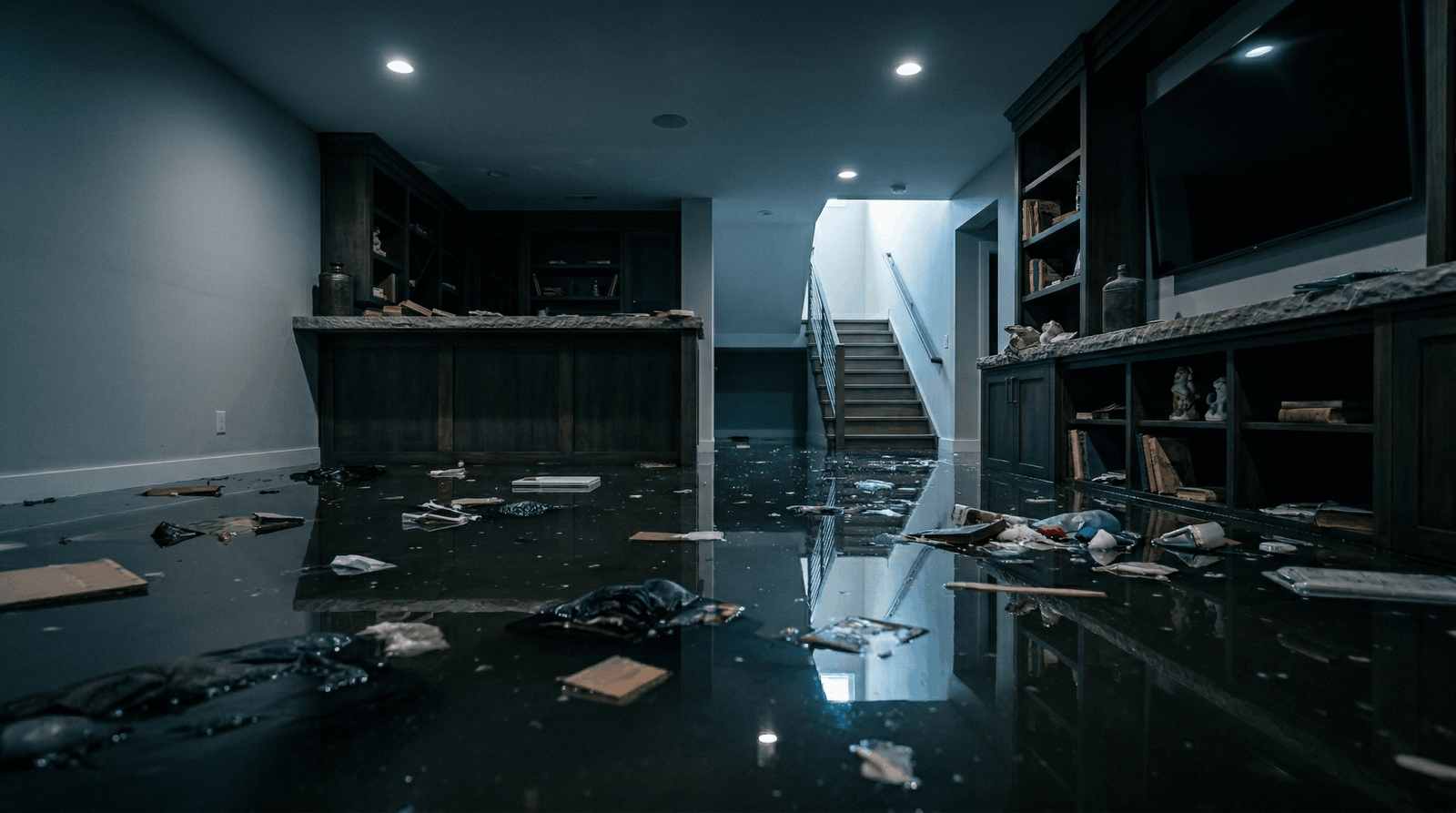 water damage restoration Mead WA flooded basement before remediation